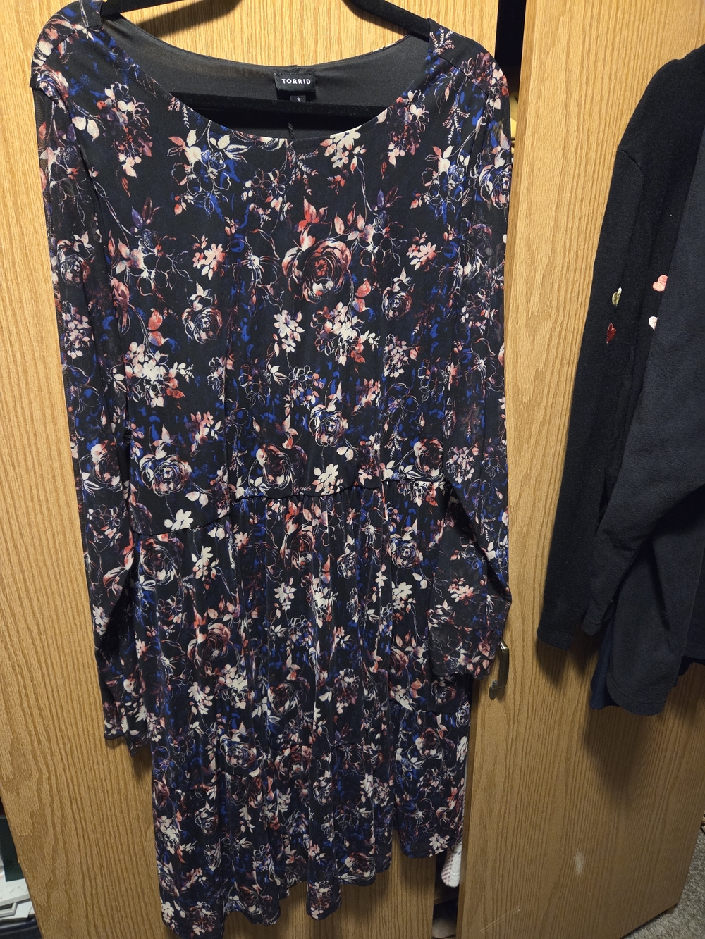 torrid Black Floral Long-Sleeve Scoop Dress with Blue & Pink Accents